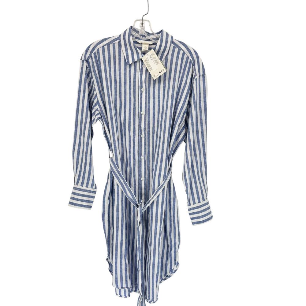 NEW H&M Shirt Dress Small‎ Linen Cotton Blend Striped Button Front Tie Belt